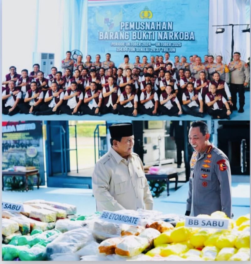 Presiden Prabowo Subianto menyaksikan pemusnahan 214 ton barang bukti narkoba di Lapangan Bhayangkara Mabes Polri, Jakarta.