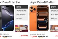 Apple iPhone 17 Pro Max (kanan) membawa sejumlah peningkatan signifikan di sektor kamera dan performa dibandingkan pendahulunya, iPhone 16 Pro Max (kiri). (Sumber: GSMArena)