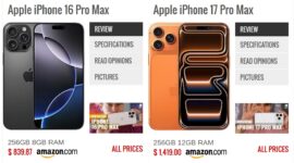 Apple iPhone 17 Pro Max (kanan) membawa sejumlah peningkatan signifikan di sektor kamera dan performa dibandingkan pendahulunya, iPhone 16 Pro Max (kiri). (Sumber: GSMArena)