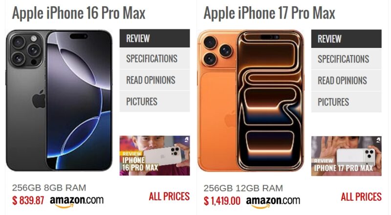 Apple iPhone 17 Pro Max (kanan) membawa sejumlah peningkatan signifikan di sektor kamera dan performa dibandingkan pendahulunya, iPhone 16 Pro Max (kiri). (Sumber: GSMArena)