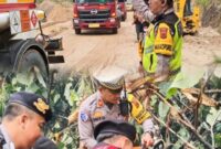 Personel Polres Kerinci bersama tim gabungan melakukan pembersihan material longsor dan pohon tumbang di jalur lintas antar provinsi Sumbar–Jambi,