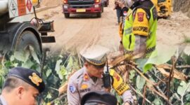 Personel Polres Kerinci bersama tim gabungan melakukan pembersihan material longsor dan pohon tumbang di jalur lintas antar provinsi Sumbar–Jambi,