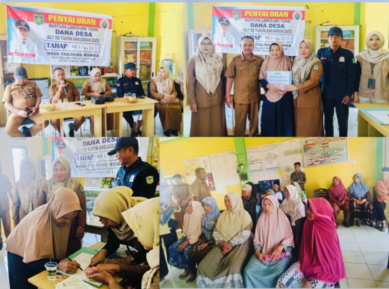 Pemerintah Desa Tanjung Bunga menyalurkan BLT Dana Desa tahap akhir tahun 2025 kepada warga penerima manfaat, disaksikan Sekcam Tanah Kampung, pendamping desa, dan perangkat desa.