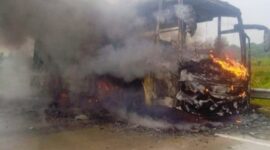 Semua penumpang bus pariwisata berhasil dievakuasi dengan aman saat kebakaran terjadi di Tol Lampung.