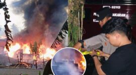 Kobaran api dan sisa kebakaran tampak di lokasi kejadian yang telah dipasangi garis polisi di Jorong Jopang, Nagari Jopang Mangganti, Kecamatan Mungka, Kabupaten Limapuluh Kota,