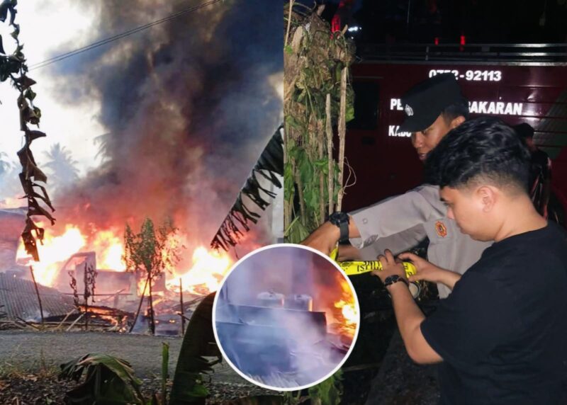 Kobaran api dan sisa kebakaran tampak di lokasi kejadian yang telah dipasangi garis polisi di Jorong Jopang, Nagari Jopang Mangganti, Kecamatan Mungka, Kabupaten Limapuluh Kota,