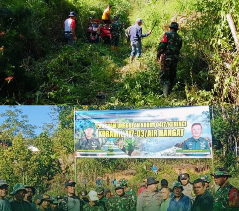 Personel Kodim 0417/Kerinci bersama masyarakat saat gotong royong massal membersihkan TPU dan Jalan Usaha Tani di Desa Semumu, Kecamatan Depati VII, Kabupaten Kerinci.