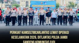 Ditlantas Polda Jambi menggelar apel bersama komunitas ojek online se-Provinsi Jambi dalam rangka Operasi Keselamatan 2026.
