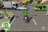 Tampilan gameplay Ojol The Game yang memperlihatkan pengendara ojek online di persimpangan jalan