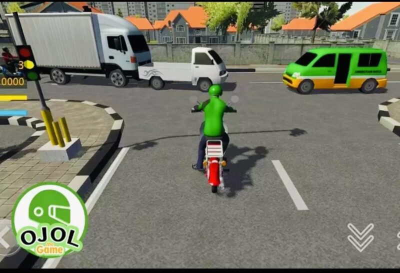 Tampilan gameplay Ojol The Game yang memperlihatkan pengendara ojek online di persimpangan jalan