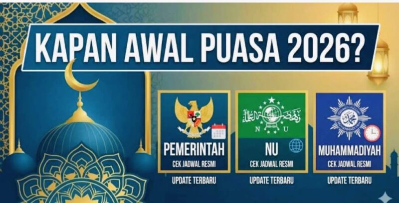 Ilustrasi perbedaan penetapan awal puasa Ramadhan 2026 antara pemerintah, Nahdlatul Ulama (NU), dan Muhammadiyah berdasarkan metode hisab dan rukyatul hilal.