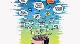 Ilustrasi kepala manusia dipenuhi konten viral yang menggambarkan fenomena budaya cepat lupa akibat derasnya arus informasi di media sosial.