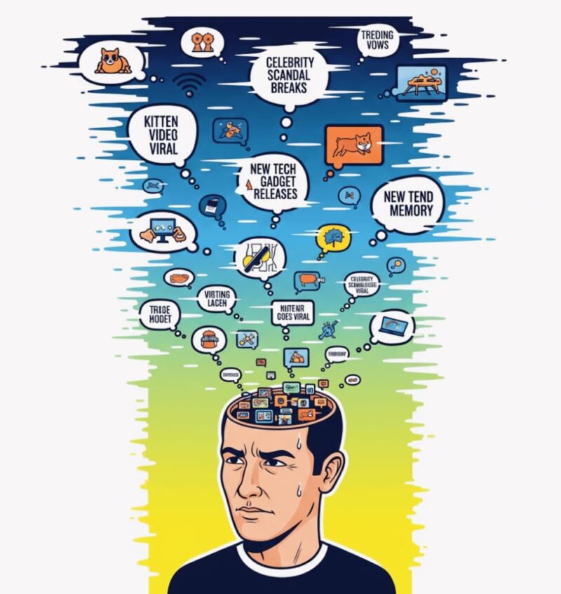 Ilustrasi kepala manusia dipenuhi konten viral yang menggambarkan fenomena budaya cepat lupa akibat derasnya arus informasi di media sosial.