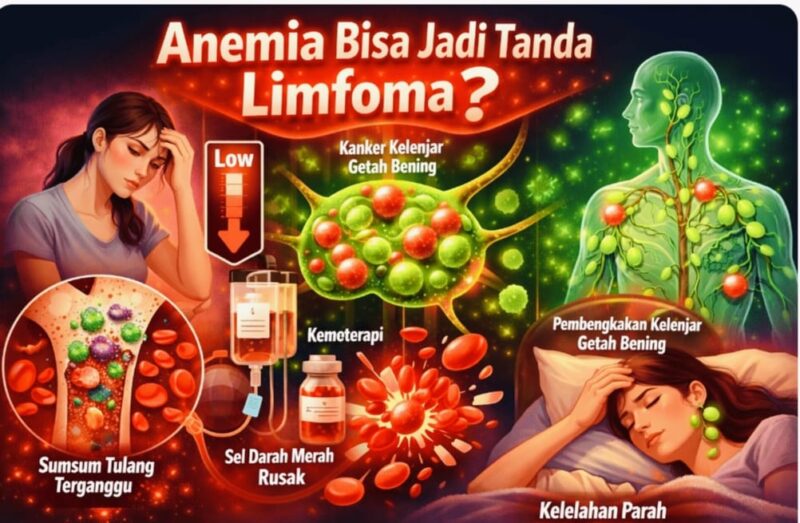 Ilustrasi hubungan anemia berkepanjangan dengan limfoma, termasuk gangguan sumsum tulang, kerusakan sel darah merah, dan kelelahan parah.