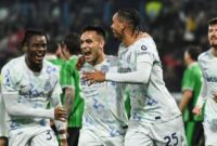 Pemain Inter Milan merayakan kemenangan telak 5-0 atas Sassuolo pada laga pekan ke-24 Liga Italia Serie A.