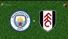 Logo Manchester City dan Fulham jelang pertandingan Liga Inggris di Etihad Stadium.