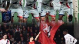 Mousa Tamari merayakan gol saat Rennes menang 3-1 atas PSG