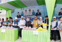 Wali Kota Alfin menyerahkan paket bahan pokok kepada warga saat Gerakan Pangan Murah di depan Gedung Nasional Sungai Penuh