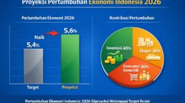 Grafik menunjukkan proyeksi pertumbuhan ekonomi Indonesia 2026 dan kontribusi investasi, ekspor, serta konsumsi rumah tangga