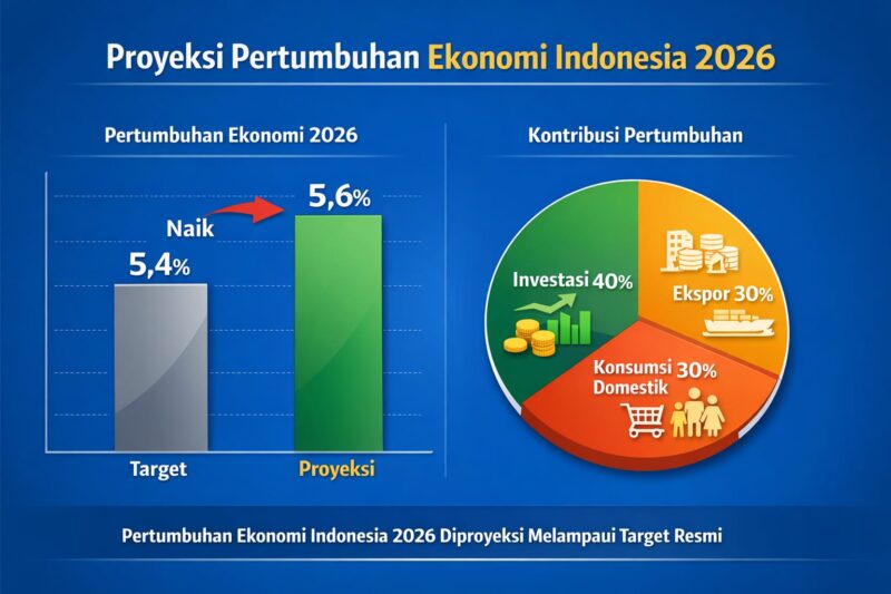 Grafik menunjukkan proyeksi pertumbuhan ekonomi Indonesia 2026 dan kontribusi investasi, ekspor, serta konsumsi rumah tangga