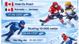 Grafik highlight event dan peluang medali di Olimpiade Musim Dingin Milano Cortina 2026 termasuk hoki es, speed skating, dan ski