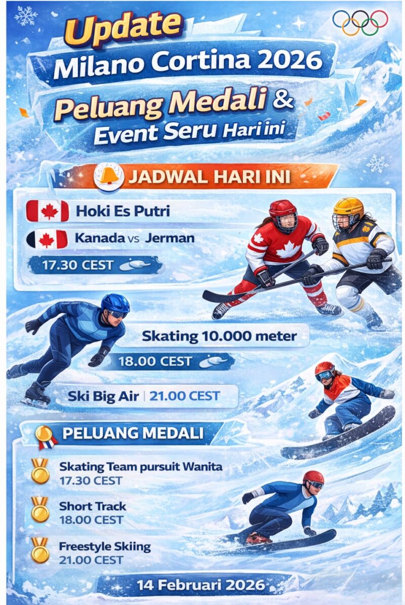 Grafik highlight event dan peluang medali di Olimpiade Musim Dingin Milano Cortina 2026 termasuk hoki es, speed skating, dan ski