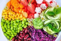 Konsep colorful plate dengan kombinasi sayuran berwarna untuk pola makan sehat dan nutrisi seimbang.