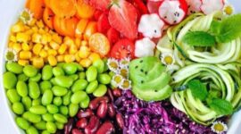 Konsep colorful plate dengan kombinasi sayuran berwarna untuk pola makan sehat dan nutrisi seimbang.