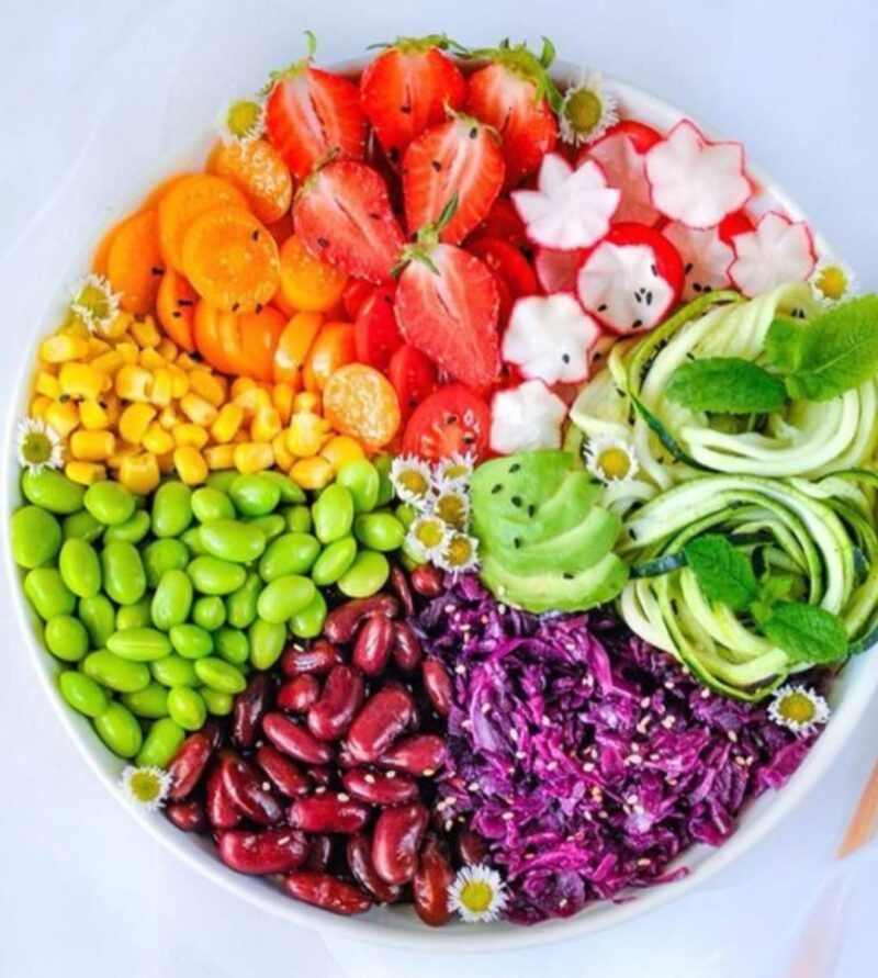 Konsep colorful plate dengan kombinasi sayuran berwarna untuk pola makan sehat dan nutrisi seimbang.