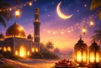 Ilustrasi poster Marhaban Ya Ramadhan 2026 dengan desain kaligrafi islami dan nuansa bulan sabit.