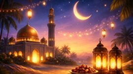 Ilustrasi poster Marhaban Ya Ramadhan 2026 dengan desain kaligrafi islami dan nuansa bulan sabit.