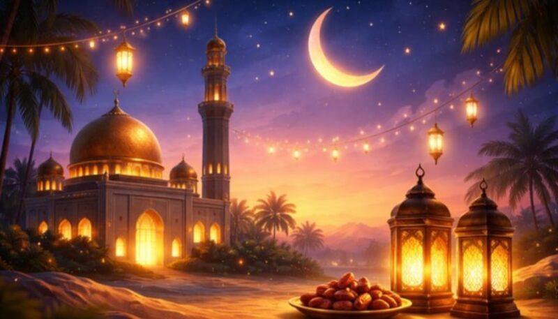 Ilustrasi poster Marhaban Ya Ramadhan 2026 dengan desain kaligrafi islami dan nuansa bulan sabit.