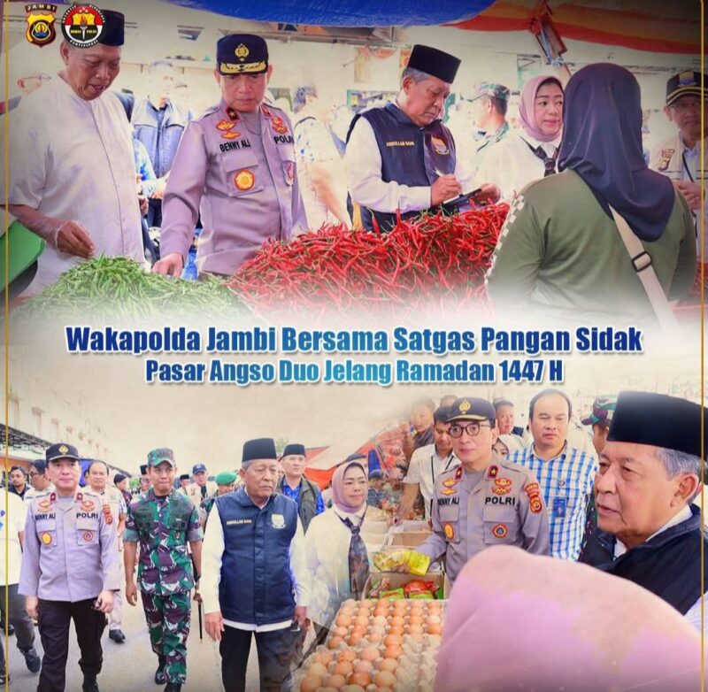 Wakapolda Jambi dan Wakil Gubernur Jambi meninjau lapak pedagang di Pasar Tradisional Angso Duo untuk memastikan ketersediaan bahan pokok menjelang Ramadan.