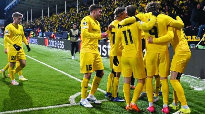 Selebrasi pemain Bodo/Glimt usai mencetak gol ke gawang Inter Milan dalam laga play-off Liga Champions.