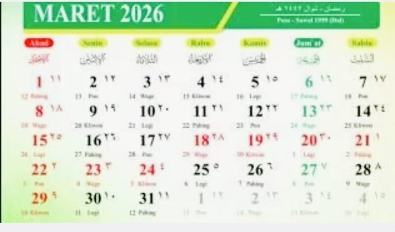 Ilustrasi kalender Maret 2026 yang menandai libur Nyepi dan Idul Fitri.
