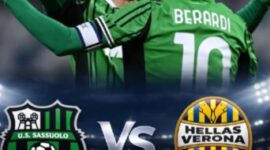 Berardi dan Pinamonti merayakan gol yang membawa Sassuolo unggul 3-0 atas Hellas Verona di Mapei Stadium.