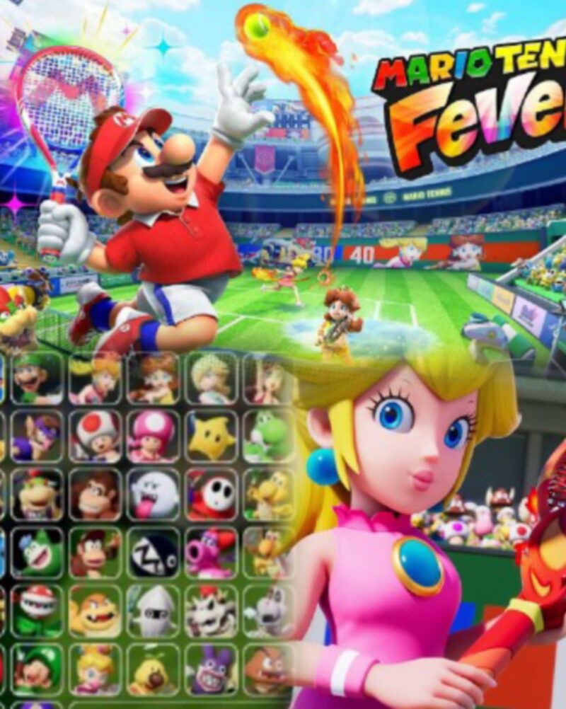 Tampilan gameplay Mario Tennis Fever 2026 dengan karakter Mario dan Luigi dalam pertandingan tenis penuh aksi.
