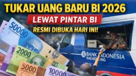 Seorang warga menerima uang baru rupiah dari petugas Bank Indonesia di kas keliling menjelang Lebaran 2026