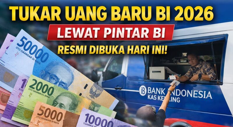 Seorang warga menerima uang baru rupiah dari petugas Bank Indonesia di kas keliling menjelang Lebaran 2026