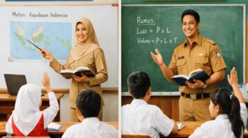 Ilustrasi perbandingan gaji guru PPPK dan PNS 2026 di Indonesia, menampilkan guru sedang mengajar di kelas