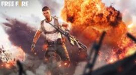 Artwork karakter Free Fire dengan latar ledakan yang menggambarkan pembagian kode redeem terbaru hari ini.