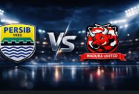 Logo Persib Bandung dan Madura United jelang laga Super League di Stadion Gelora Bandung Lautan Api.