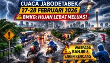 Ilustrasi hujan lebat dan potensi banjir di wilayah Jabodetabek pada 27-28 Februari 2026 berdasarkan peringatan resmi BMKG.