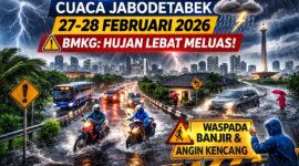 Ilustrasi hujan lebat dan potensi banjir di wilayah Jabodetabek pada 27-28 Februari 2026 berdasarkan peringatan resmi BMKG.