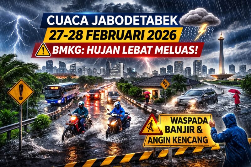 Ilustrasi hujan lebat dan potensi banjir di wilayah Jabodetabek pada 27-28 Februari 2026 berdasarkan peringatan resmi BMKG.