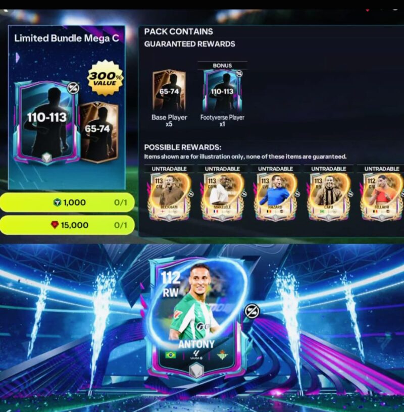 Ilustrasi gameplay FC Mobile dan hadiah pemain OVR 117 dari kode redeem terbaru.