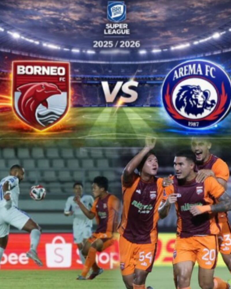 Pemain Borneo FC merayakan kemenangan 3-1 atas Arema FC dalam lanjutan Super League 2025/2026 di Stadion Segiri, Samarinda.