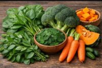 Ilustrasi berbagai sayuran pelancar ASI seperti daun katuk, bayam, daun kelor, wortel, dan brokoli yang membantu meningkatkan produksi ASI secara alami.