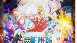 Monkey D. Luffy dalam mode Gear 5 menghadapi Loki yang berubah menjadi Nidhogg di arc Elbaf One Piece Chapter 1175.