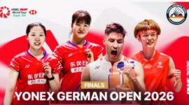 Aksi para atlet BWF German Open 2026 di Westenergie Sporthalle, Mülheim, Jerman.
